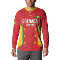 Red cricket button sweatshirt with yellow collar, Grenada Cricket chest logo, long sleeves