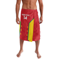 Red cricket lavalava shorts with yellow-green stripe, stars, and 'YOURTEXT 14' front