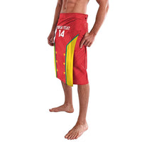 Red cricket lavalava shorts side view with yellow-green stripe, stars, and 'YOURTEXT 14'