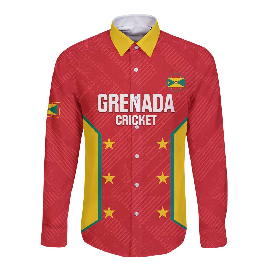 Red long-sleeve cricket button-up shirt with yellow collar and Grenada Cricket graphic