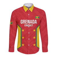 Red long-sleeve cricket button-up shirt with yellow collar and Grenada Cricket graphic
