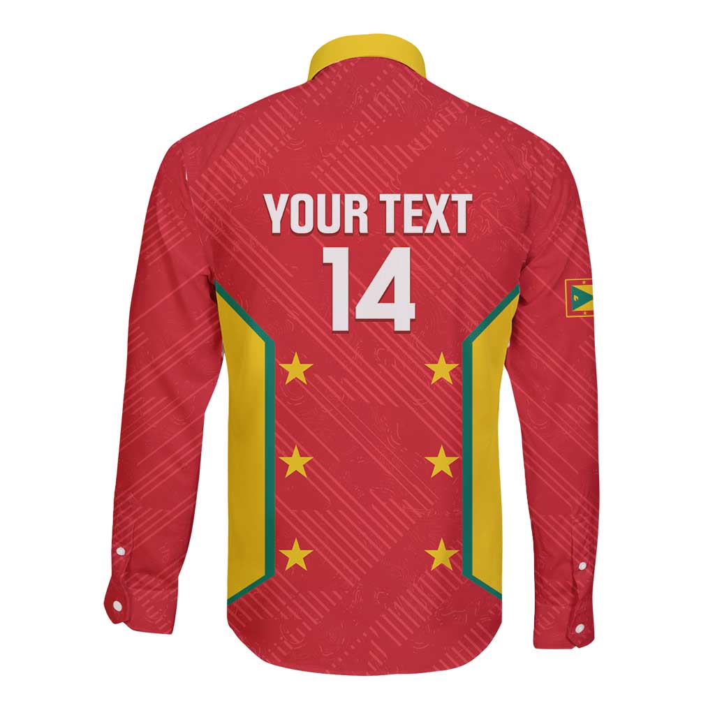 Red long-sleeve cricket button-up shirt, back shows YOUR TEXT 14 and Grenada crest