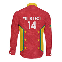 Red long-sleeve cricket button-up shirt, back shows YOUR TEXT 14 and Grenada crest