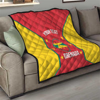 Red and yellow quilted Grenada cricket quilt with custom “YOUR TEXT” over Grenada graphic