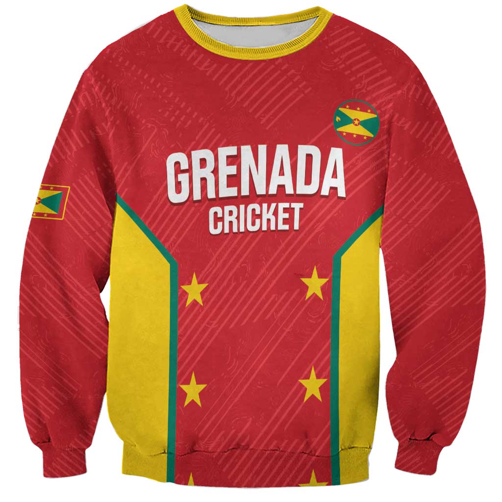 Red cricket sweatshirt with yellow and green panel, Grenada Cricket print, round neck