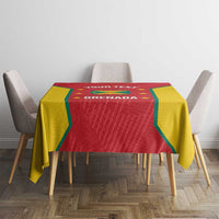 Grenada cricket tablecloth over table with four chairs, red center and yellow edges