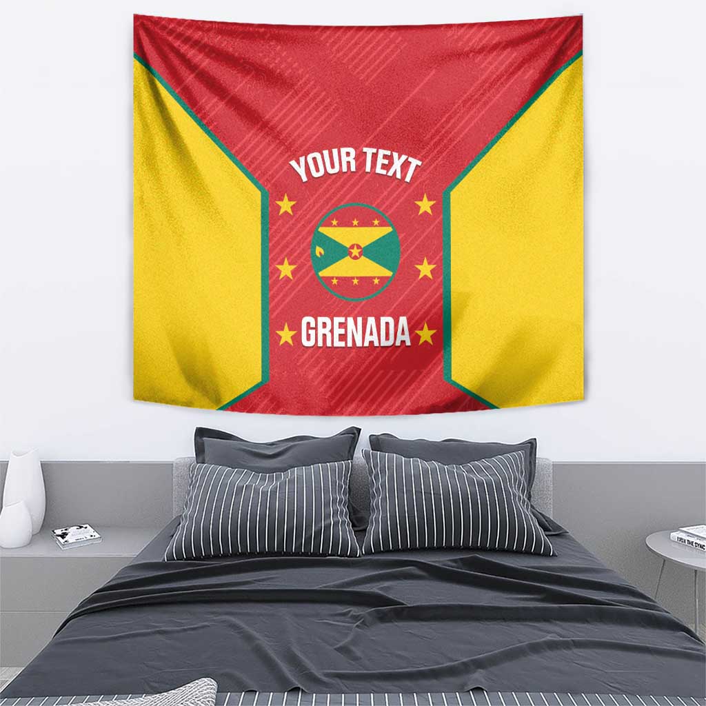 Grenada tapestry wall hanging with red and yellow panels, star accents, and custom text.