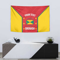 Red-and-yellow Grenada tapestry with central emblem, stars, and custom text; rectangular layout.