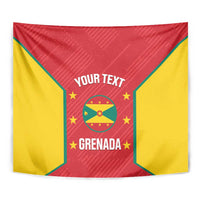Close-up Grenada tapestry: red center, yellow sides, emblem and stars with custom text.