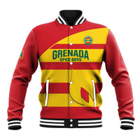 Red and yellow striped varsity baseball jacket with button front, ribbed collar and cuffs