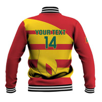 Back of red and yellow varsity jacket with striped ribs, 'YOUR TEXT' and number 14