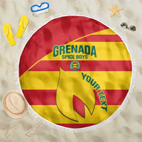 Round red and yellow Grenada Spice Boys beach blanket with white fringe edge