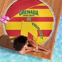 Round Grenada Spice Boys beach blanket, red-yellow stripes, white fringed edge
