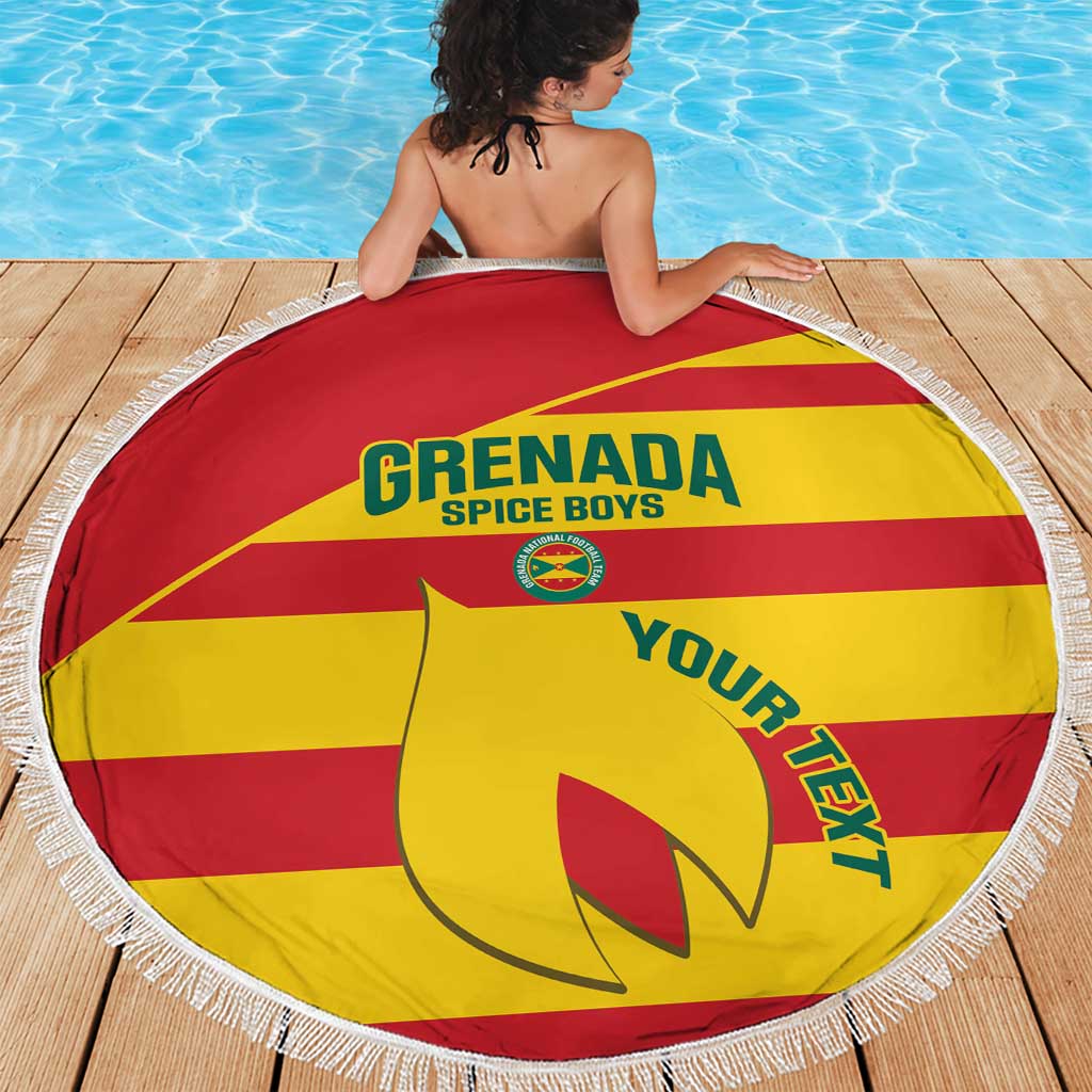 Round Grenada Spice Boys beach blanket with centered emblem and 'YOUR TEXT' graphic