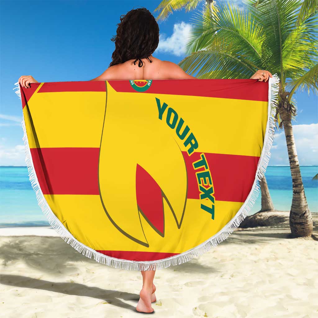 Round red-and-yellow Grenada Spice Boys blanket with 'YOUR TEXT' and white fringe