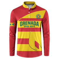 Red and yellow button sweatshirt with Grenada graphic, long sleeves, yellow collar