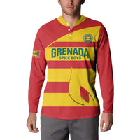 Red and yellow button sweatshirt on model with Grenada Spice Boys chest graphic