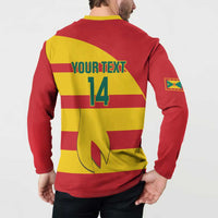 Red and yellow button sweatshirt back on model: YOUR TEXT above large 14
