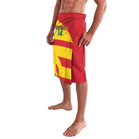 Red football shorts with front Grenada flag print, elastic waistband, and side seam