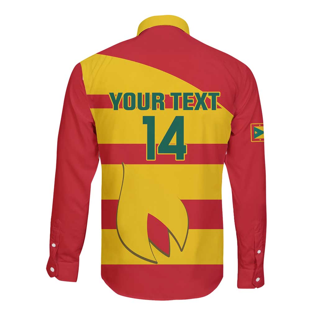 Back view of red and yellow striped football button shirt with 14 number graphic