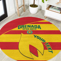 Red and yellow round Grenada Spice Boys rug with shield and “YOUR” text