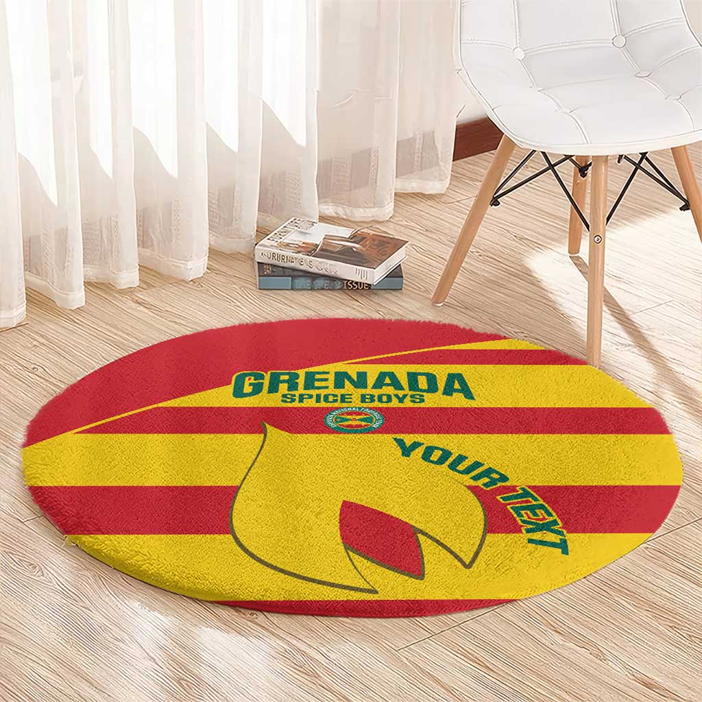 Red and yellow round Grenada Spice Boys rug with shield crest and “YOUR LIFESTYLE”