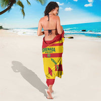 Red and yellow striped sarong with large crest print, tied at the waist