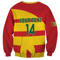 Back view: red and yellow striped football sweatshirt with 'YOUR TEXT' and large '14' print