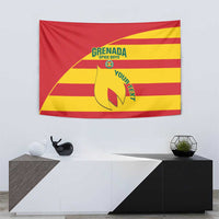 Red Grenada football tapestry wall hanging with yellow diagonal stripes and shield