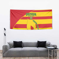 Red Grenada football tapestry flag with yellow stripes and central rugby-style logo