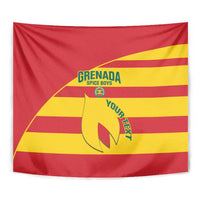 Red Grenada football tapestry close-up with yellow stripes and spice boys crest