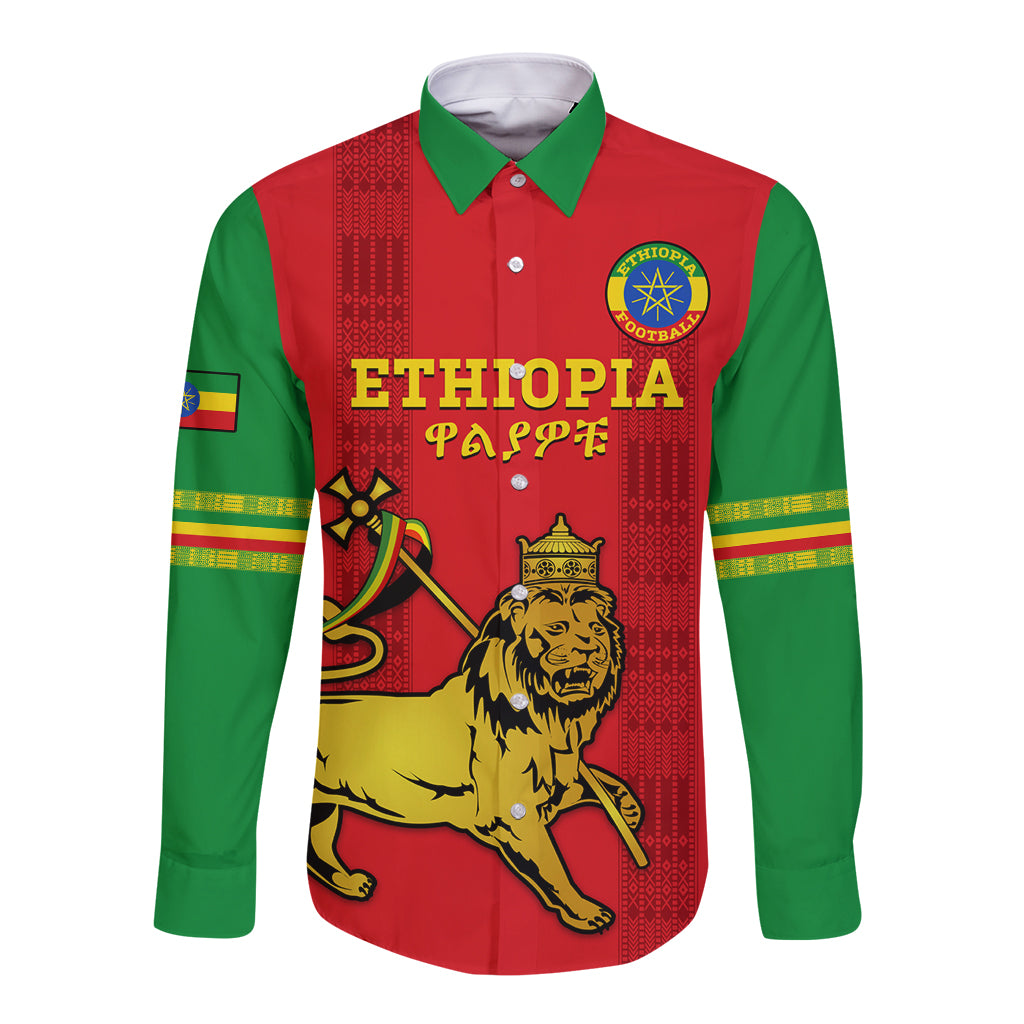 Red long-sleeve button shirt with green sleeves, crest and lion graphic on front
