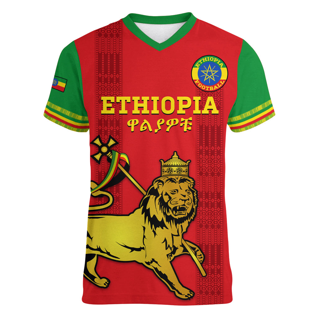 Custom Ethiopia Football Women V Neck T Shirt 2024 Go Champions Walia Ibex