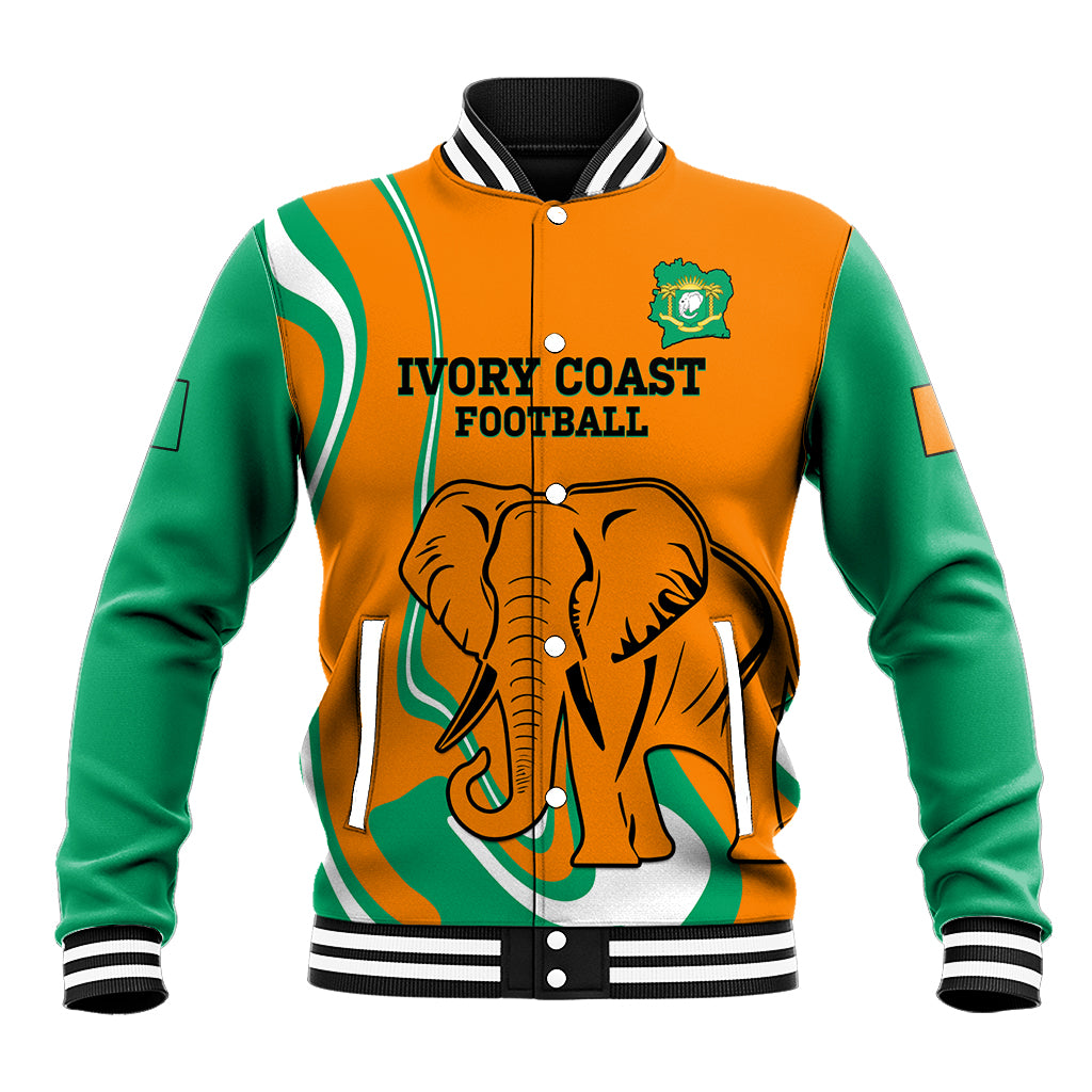 Orange football baseball jacket with green sleeves, striped collar, elephant emblem