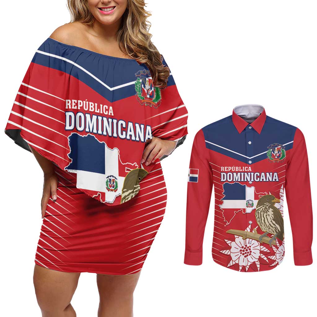 Personalized Dominican Republic Independence Day Couples Matching Off Shoulder Short Dress and Long Sleeve Button Shirt Palmchat With Map