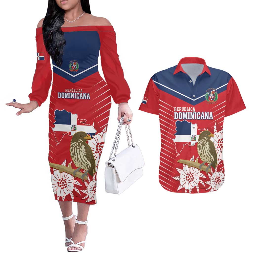 Personalized Dominican Republic Independence Day Couples Matching Off The Shoulder Long Sleeve Dress and Hawaiian Shirt Palmchat With Map