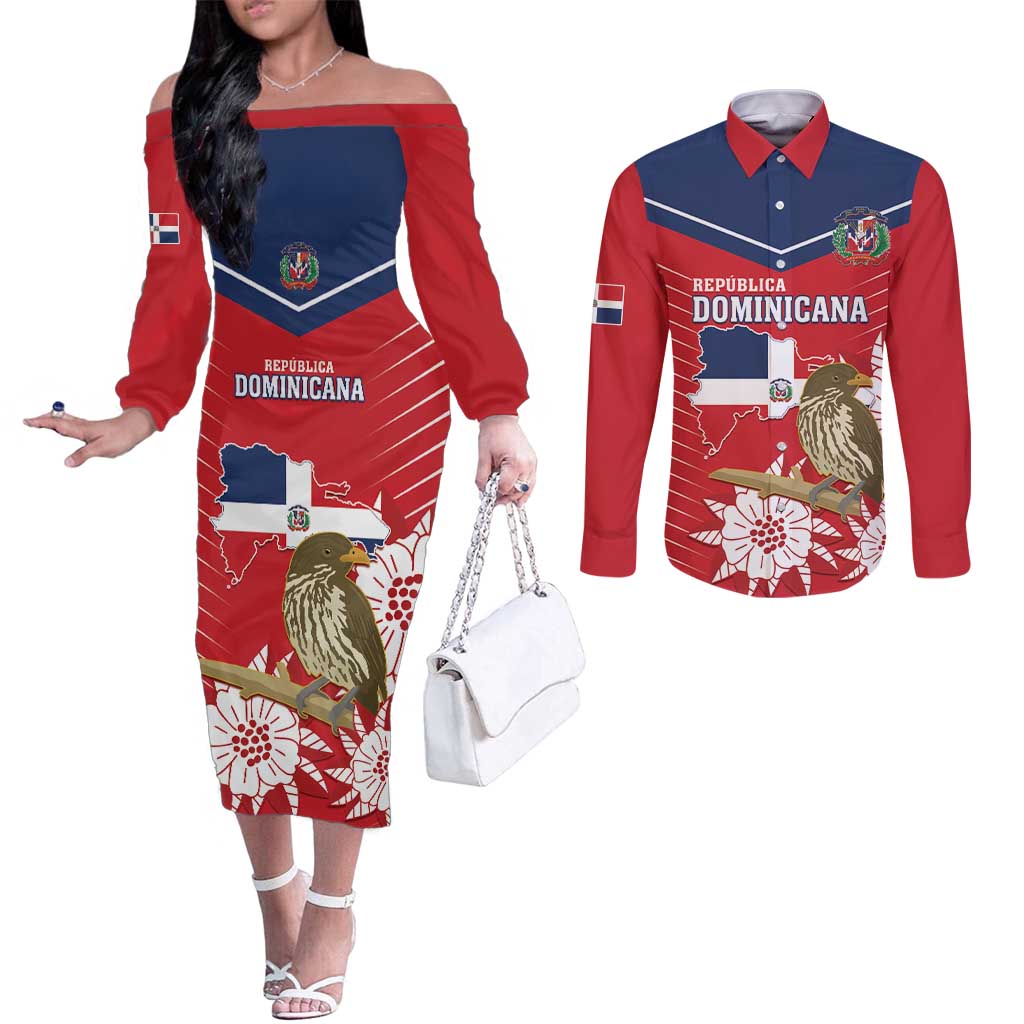 Personalized Dominican Republic Independence Day Couples Matching Off The Shoulder Long Sleeve Dress and Long Sleeve Button Shirt Palmchat With Map