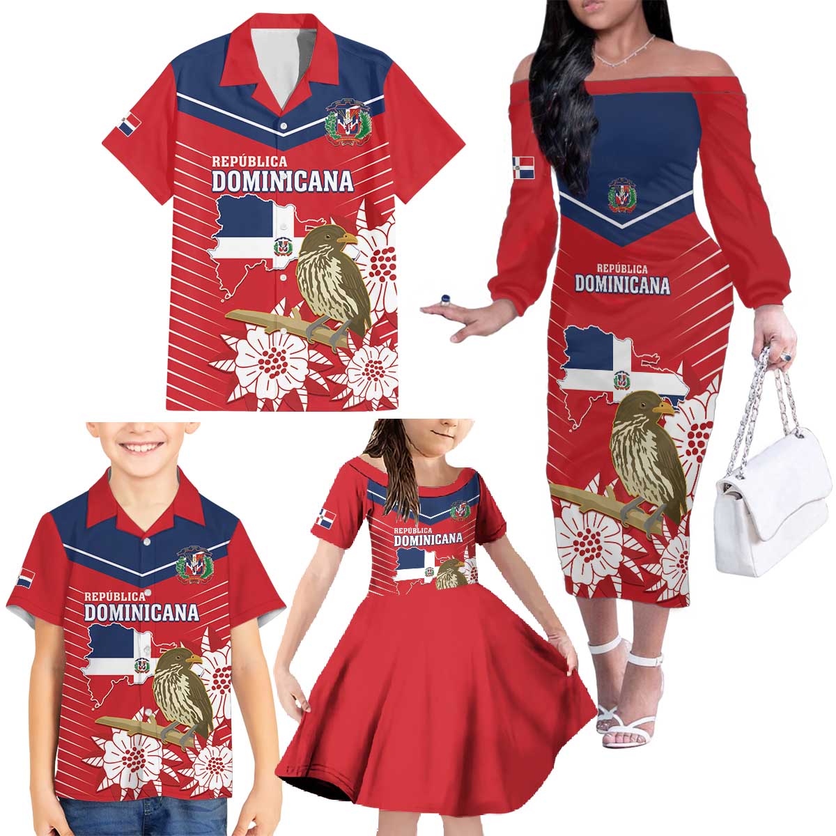 Personalized Dominican Republic Independence Day Family Matching Off The Shoulder Long Sleeve Dress and Hawaiian Shirt Palmchat With Map