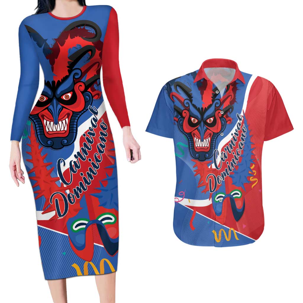 Carnival Dominicano Couples Matching Long Sleeve Bodycon Dress and Hawaiian Shirt Dominican Republic Diablos Cojuelos Mask