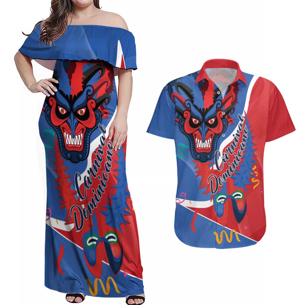 Carnival Dominicano Couples Matching Off Shoulder Maxi Dress and Hawaiian Shirt Dominican Republic Diablos Cojuelos Mask