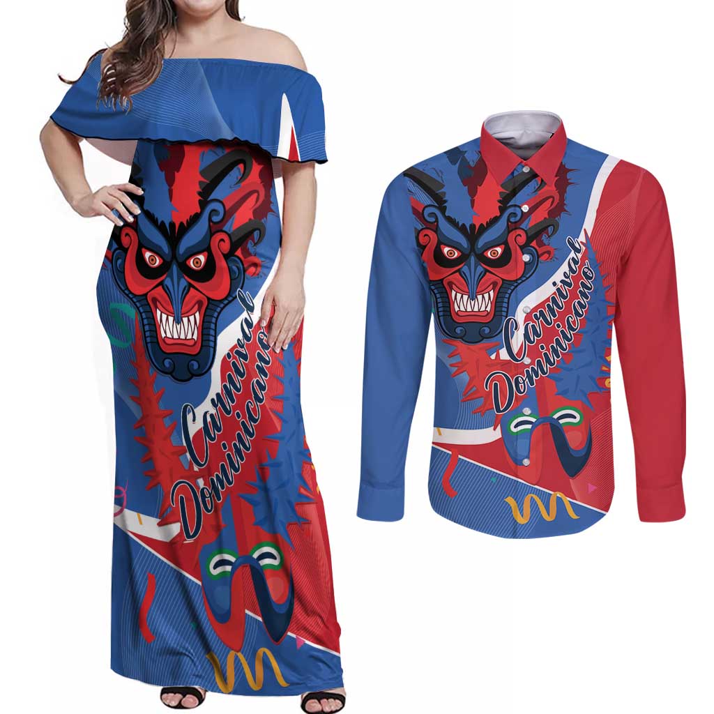 Carnival Dominicano Couples Matching Off Shoulder Maxi Dress and Long Sleeve Button Shirt Dominican Republic Diablos Cojuelos Mask