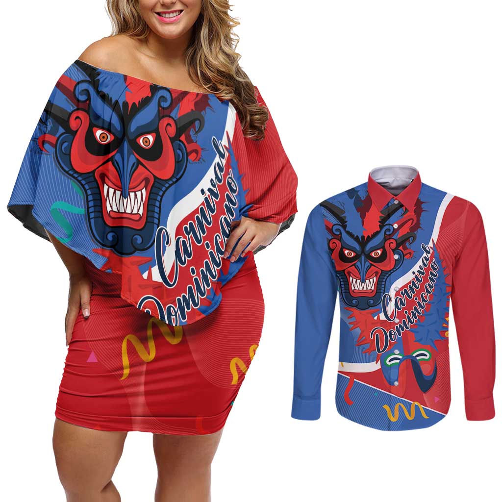 Carnival Dominicano Couples Matching Off Shoulder Short Dress and Long Sleeve Button Shirt Dominican Republic Diablos Cojuelos Mask