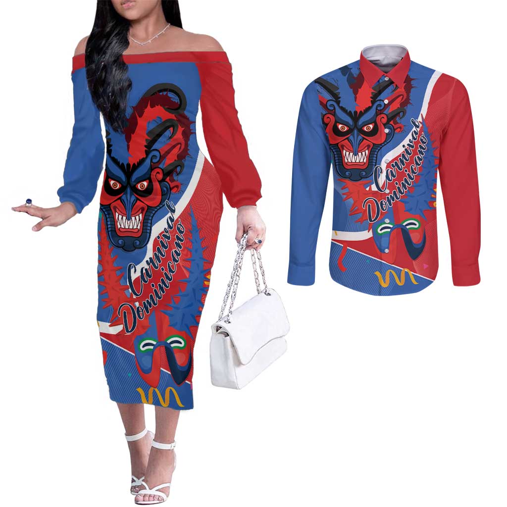 Carnival Dominicano Couples Matching Off The Shoulder Long Sleeve Dress and Long Sleeve Button Shirt Dominican Republic Diablos Cojuelos Mask