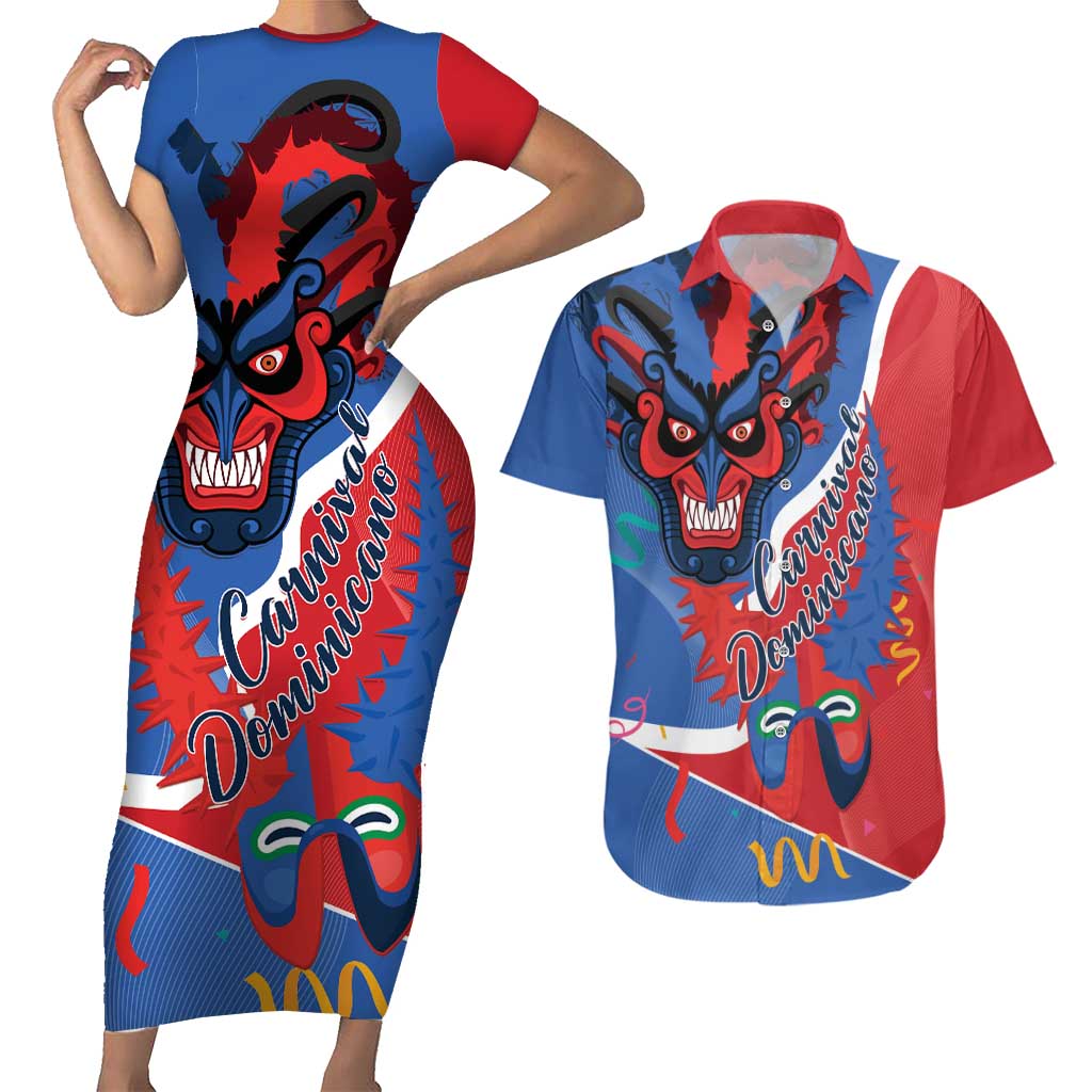 Carnival Dominicano Couples Matching Short Sleeve Bodycon Dress and Hawaiian Shirt Dominican Republic Diablos Cojuelos Mask