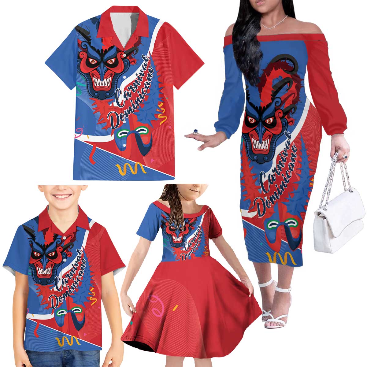 Carnival Dominicano Family Matching Off The Shoulder Long Sleeve Dress and Hawaiian Shirt Dominican Republic Diablos Cojuelos Mask