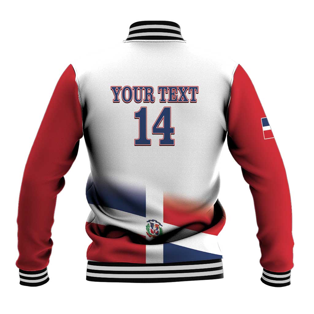 Back of baseball jacket with red sleeves, white body, striped rib hem, Dominican flag and number 14