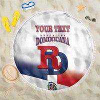 Round beach blanket with fringe, white Dominican flag design and custom text, large DB logo