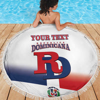 Round beach blanket with fringe, white Dominican flag design with custom text, DB logo
