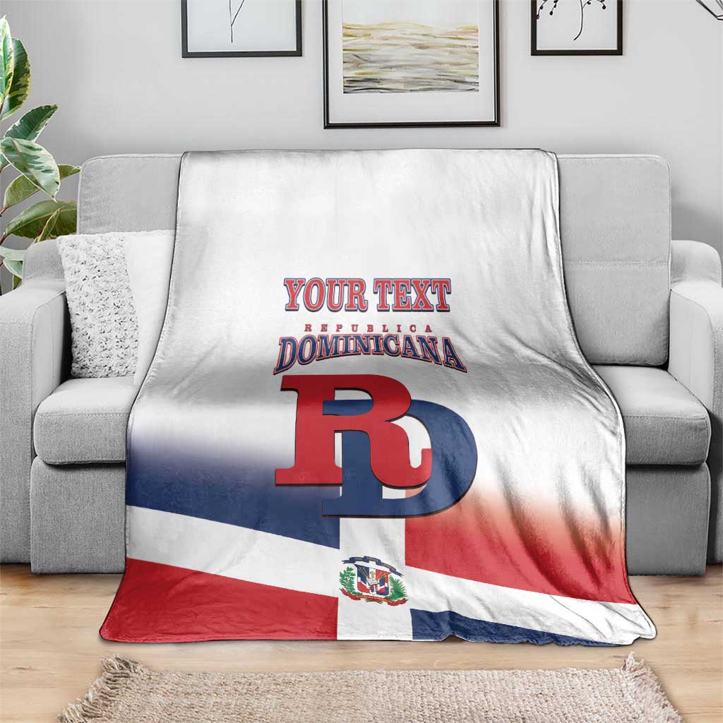 Dominican Republic baseball blanket with custom text and flag design, on gray sofa