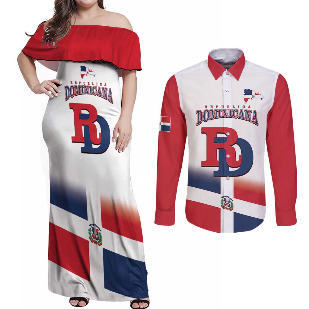 Custom Dominican Republic 2025 Baseball Couples Matching Off Shoulder Maxi Dress and Long Sleeve Button Shirt Go Champions Flag Style